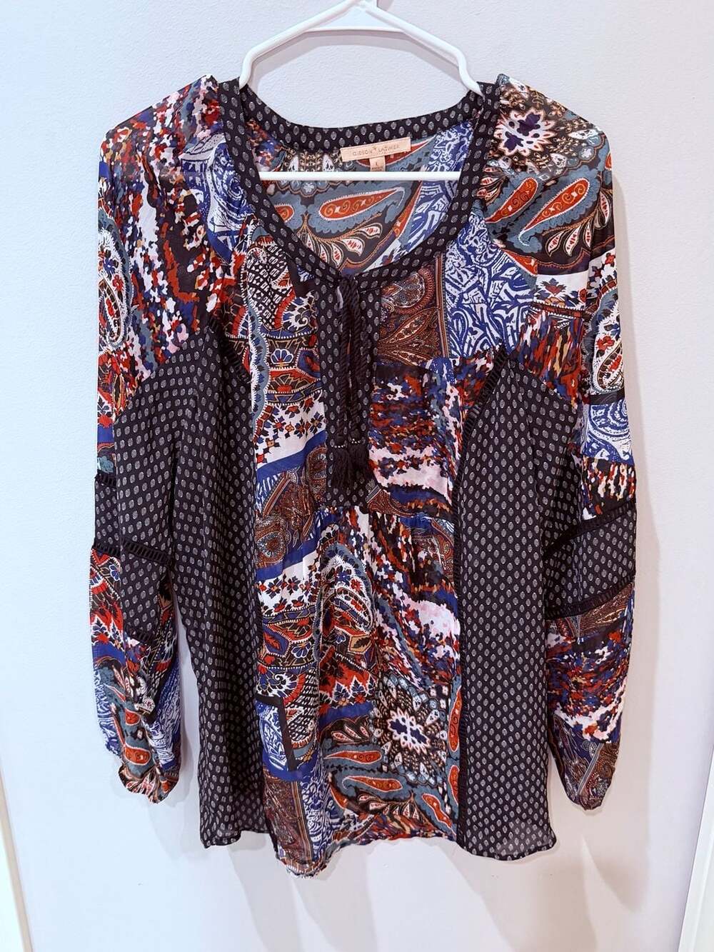 Paisley Print Long Sleeve Boho Tunic Blouse - size Large